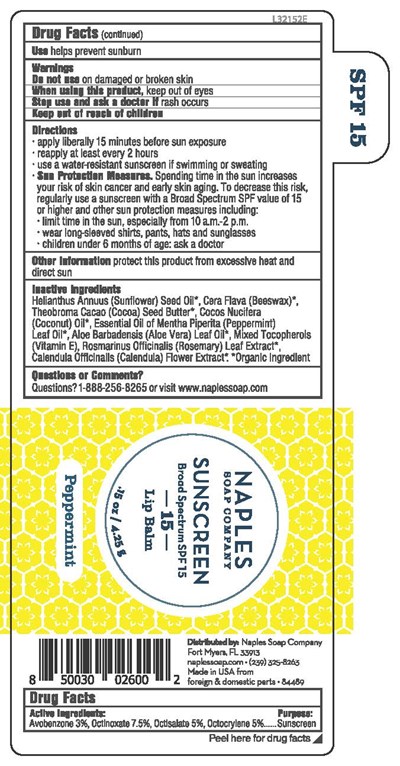 Naples Soap Peppermint Spf 15 Sunscreen Lip Balm Tube Label .15 Oz (4.25 g)